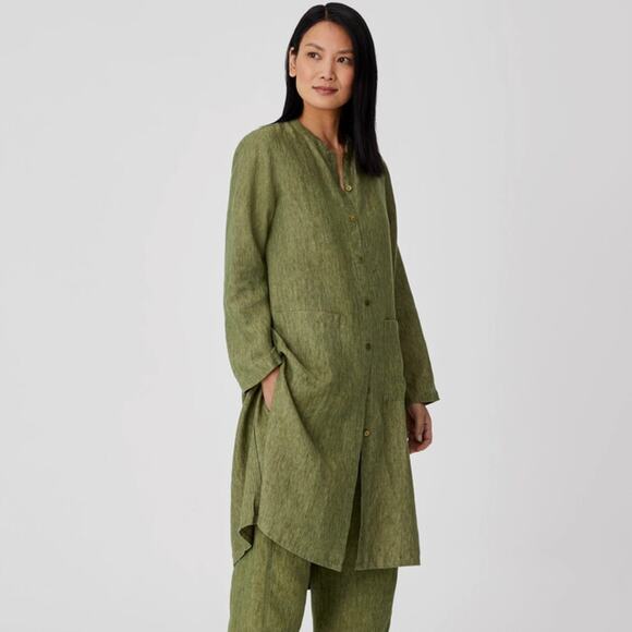 Eileen Fisher Dresses & Skirts - Eileen Fisher Green Organic Linen Delave Long Shirt Dress Laganlook Oversize XXS